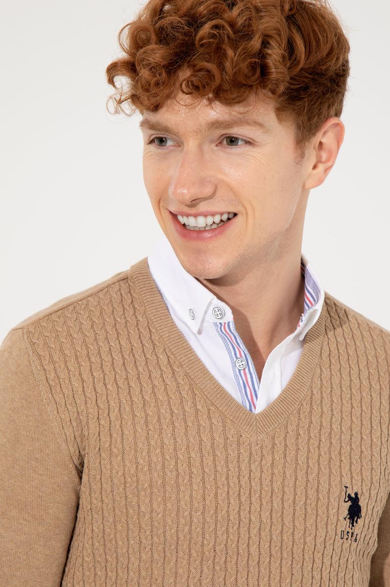 Erkek Camel Melanj V Yaka Basic Triko Kazak