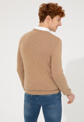 Erkek Camel Melanj V Yaka Basic Triko Kazak - 50253444034