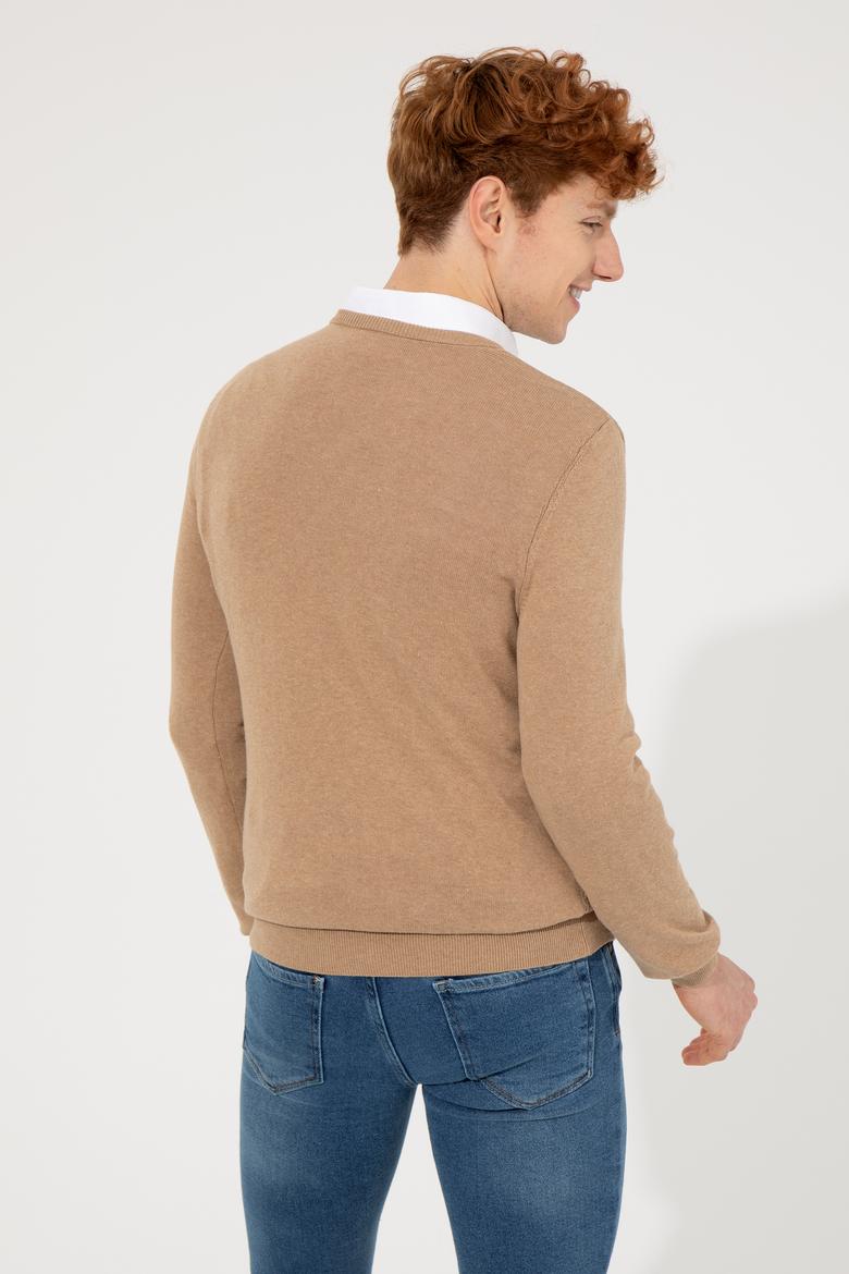 Erkek Camel Melanj V Yaka Basic Triko Kazak - 50253444034