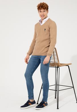 Erkek Camel Melanj V Yaka Basic Triko Kazak - 50253444034