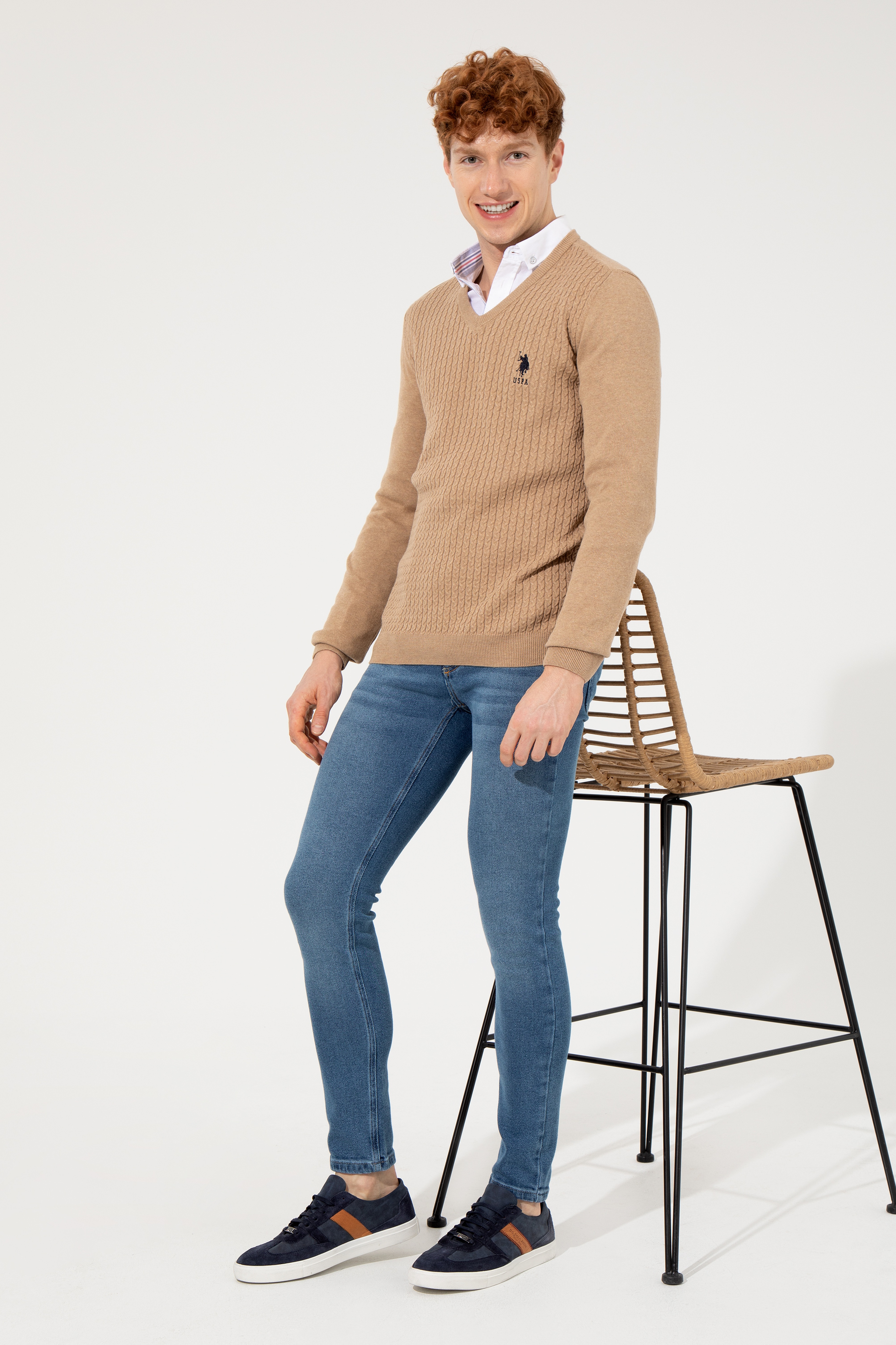 Erkek Camel Melanj V Yaka Basic Triko Kazak - Image 4