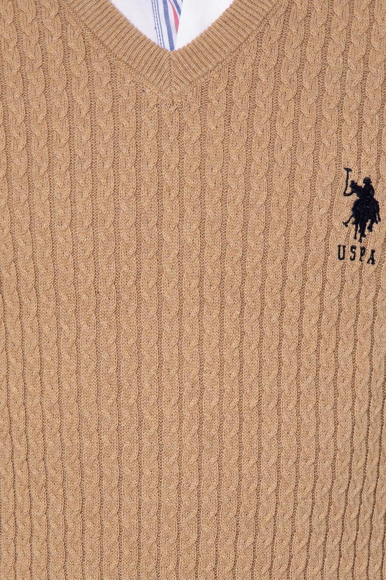 Erkek Camel Melanj V Yaka Basic Triko Kazak - 50253444034