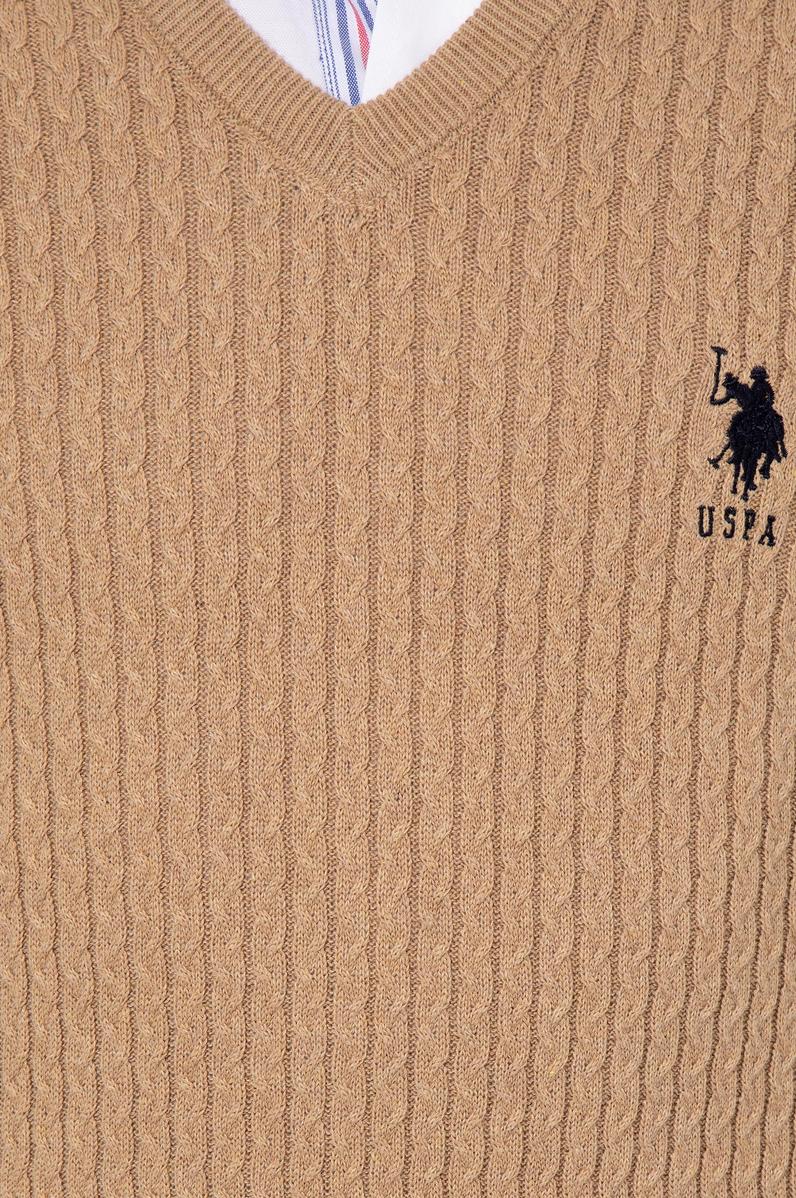 Erkek Camel Melanj V Yaka Basic Triko Kazak