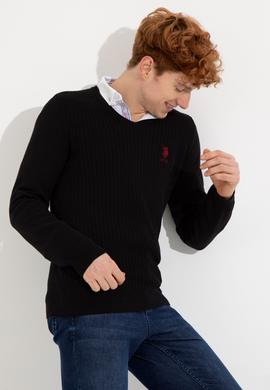 Erkek Siyah V Yaka Basic Triko Kazak - 50253444015