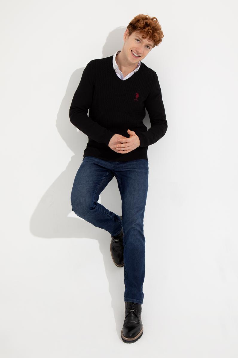 Erkek Siyah V Yaka Basic Triko Kazak