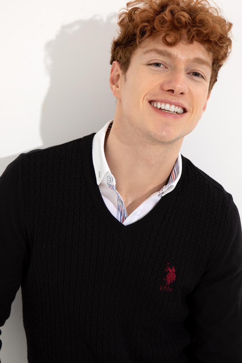 Erkek Siyah V Yaka Basic Triko Kazak - 50253444015