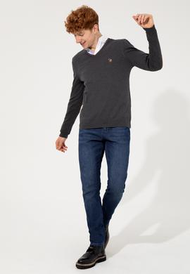 Erkek Antrasit V Yaka Basic Triko Kazak - 50251886026