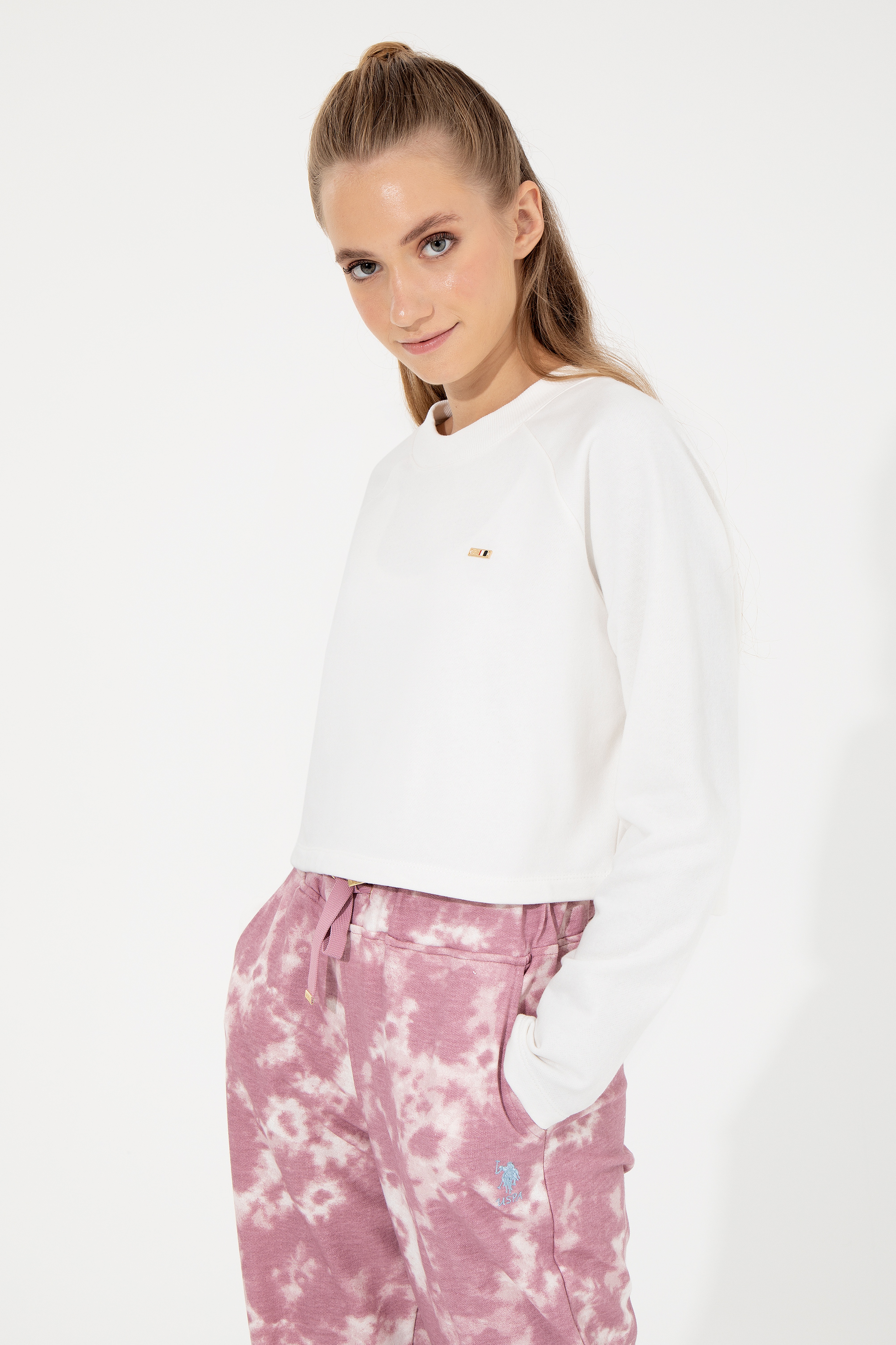Kadın Ekru Bisiklet Yaka Sweatshirt - Image 4