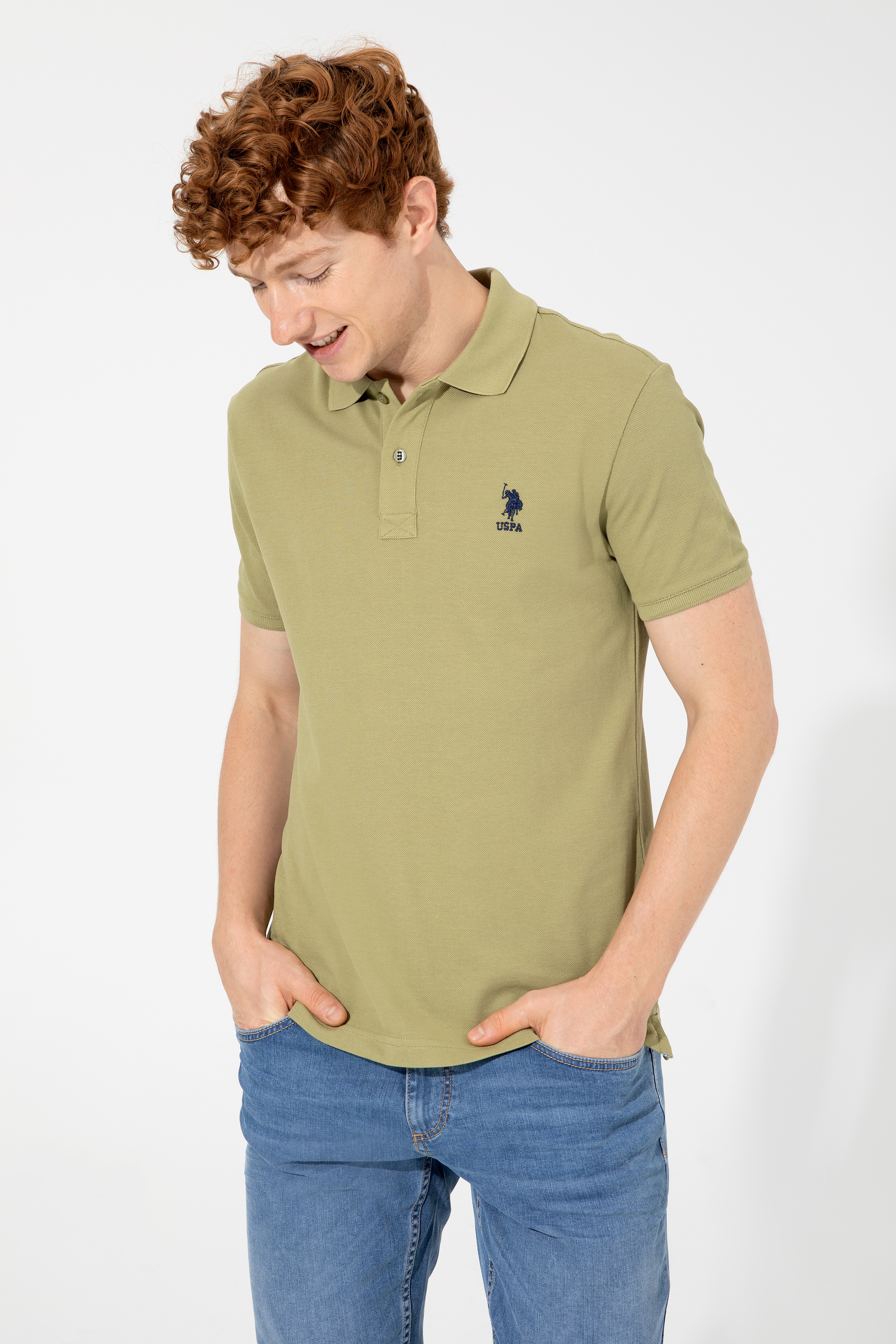 Erkek Koyu Haki Polo Yaka Basic T-Shirt - Image 1