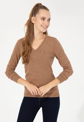 Kadın Camel Melanj  V Yaka Basic Kazak - 50255648038