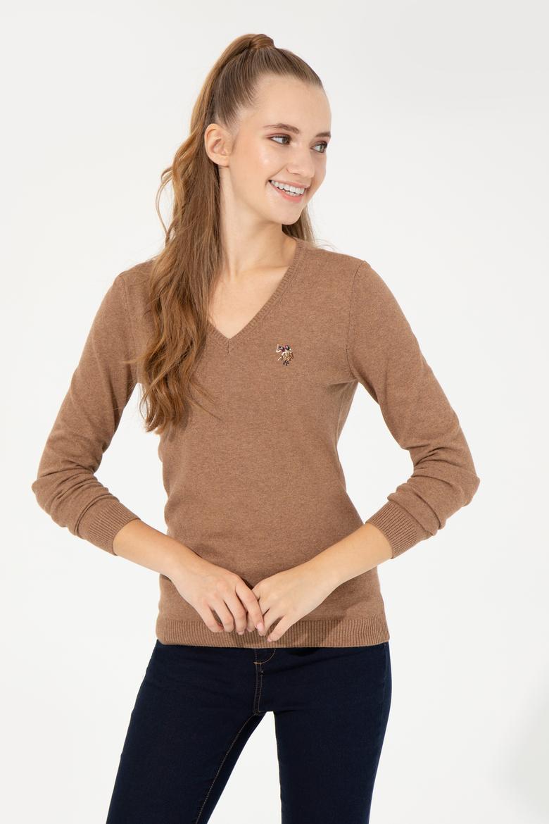 Kadın Camel Melanj  V Yaka Basic Kazak - 50255648038