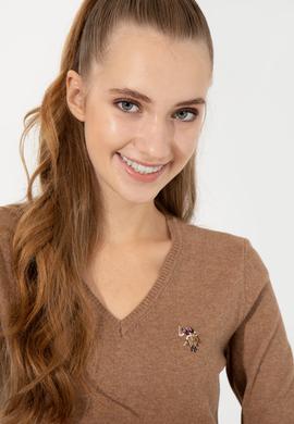 Kadın Camel Melanj  V Yaka Basic Kazak - 50255648038