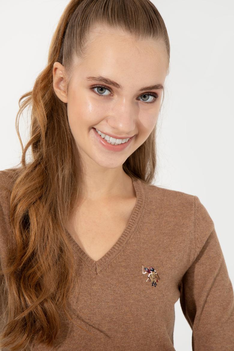 Kadın Camel Melanj  V Yaka Basic Kazak - 50255648038