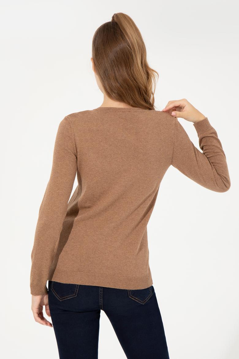 Kadın Camel Melanj  V Yaka Basic Kazak - 50255648038