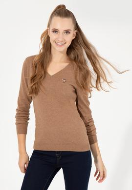 Kadın Camel Melanj  V Yaka Basic Kazak - 50255648038