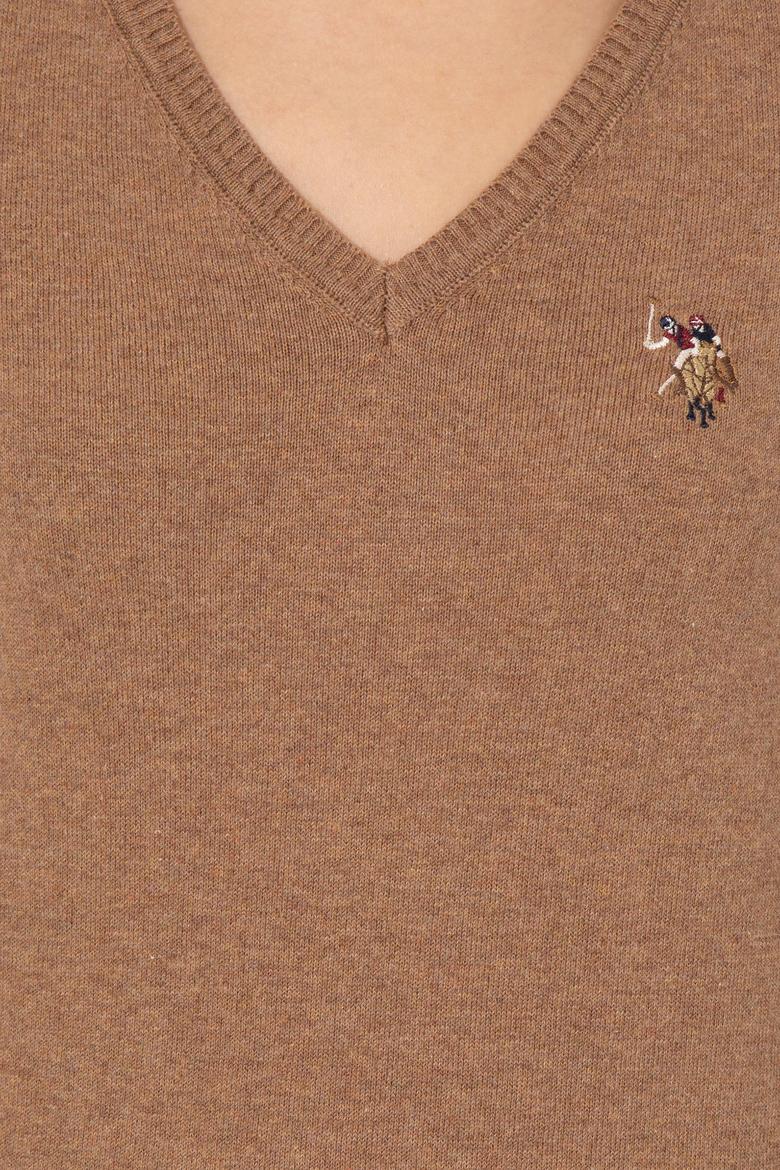 Kadın Camel Melanj  V Yaka Basic Kazak - 50255648038