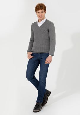 Erkek Gri Melanj V Yaka Basic Triko Kazak - 50253444055