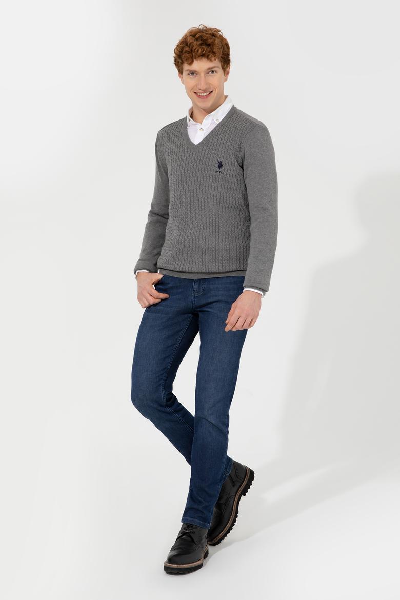 Erkek Gri Melanj V Yaka Basic Triko Kazak - 50253444055