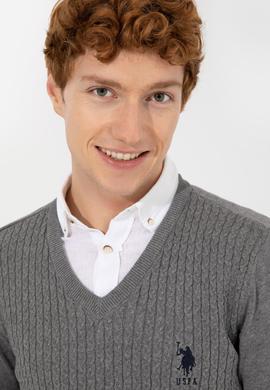 Erkek Gri Melanj V Yaka Basic Triko Kazak - 50253444055