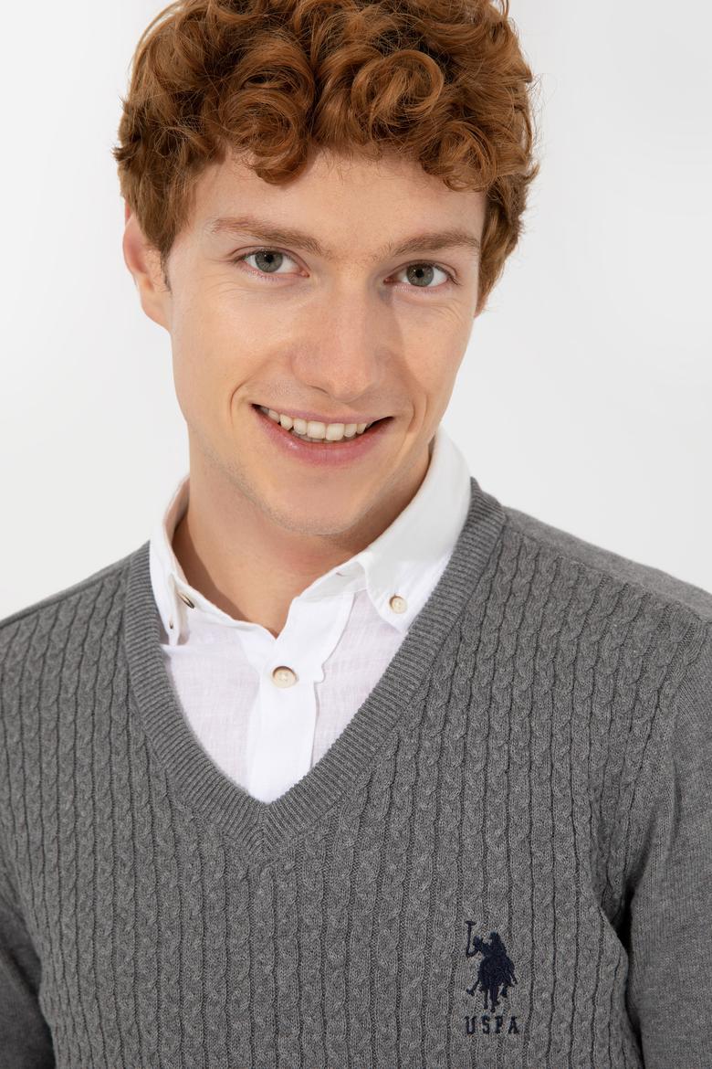 Erkek Gri Melanj V Yaka Basic Triko Kazak - 50253444055