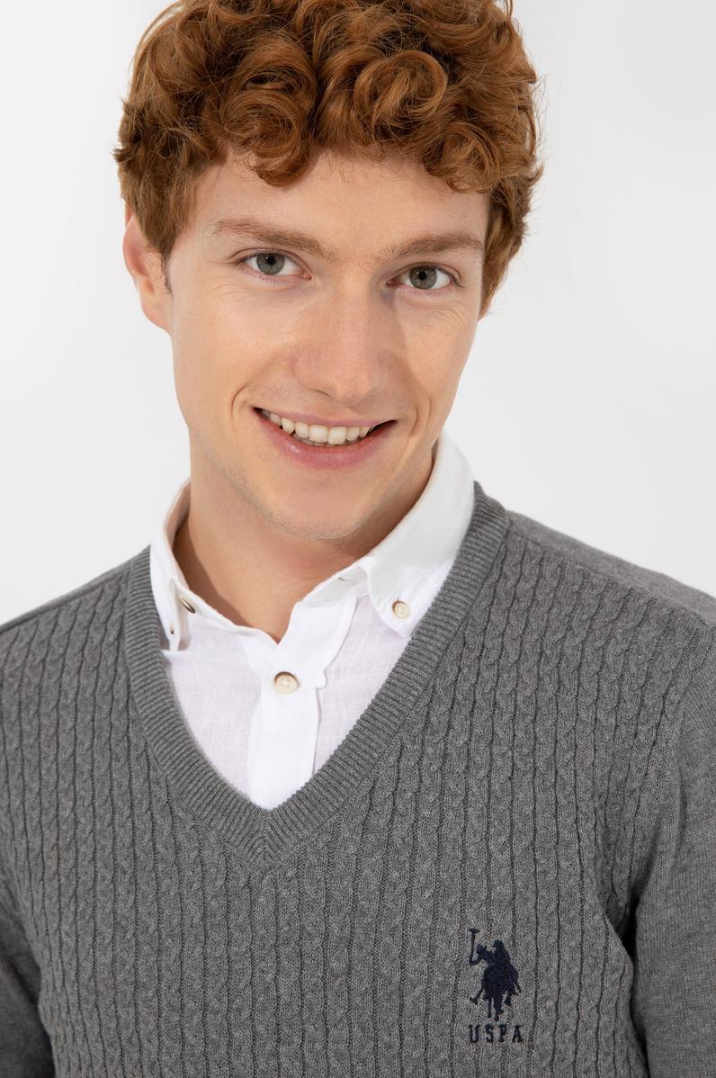 Erkek Gri Melanj V Yaka Basic Triko Kazak