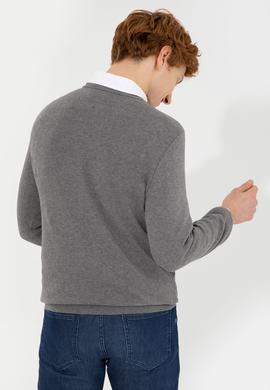 Erkek Gri Melanj V Yaka Basic Triko Kazak - 50253444055