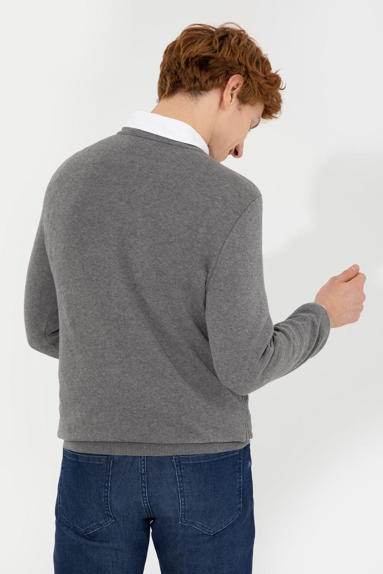 Erkek Gri Melanj V Yaka Basic Triko Kazak - 50253444055