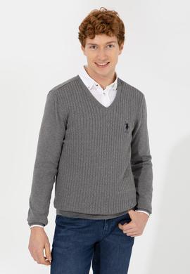 Erkek Gri Melanj V Yaka Basic Triko Kazak - 50253444055