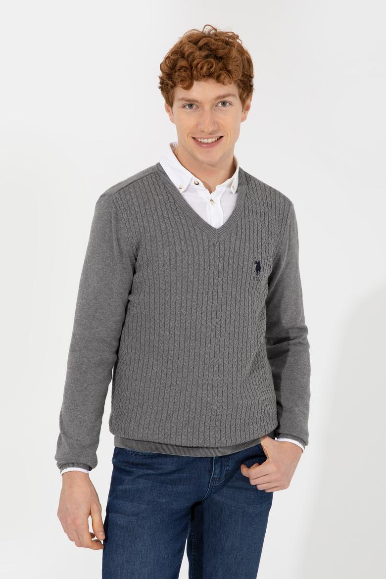 Erkek Gri Melanj V Yaka Basic Triko Kazak - 50253444055