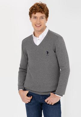 Erkek Gri Melanj V Yaka Basic Triko Kazak - 50253444055