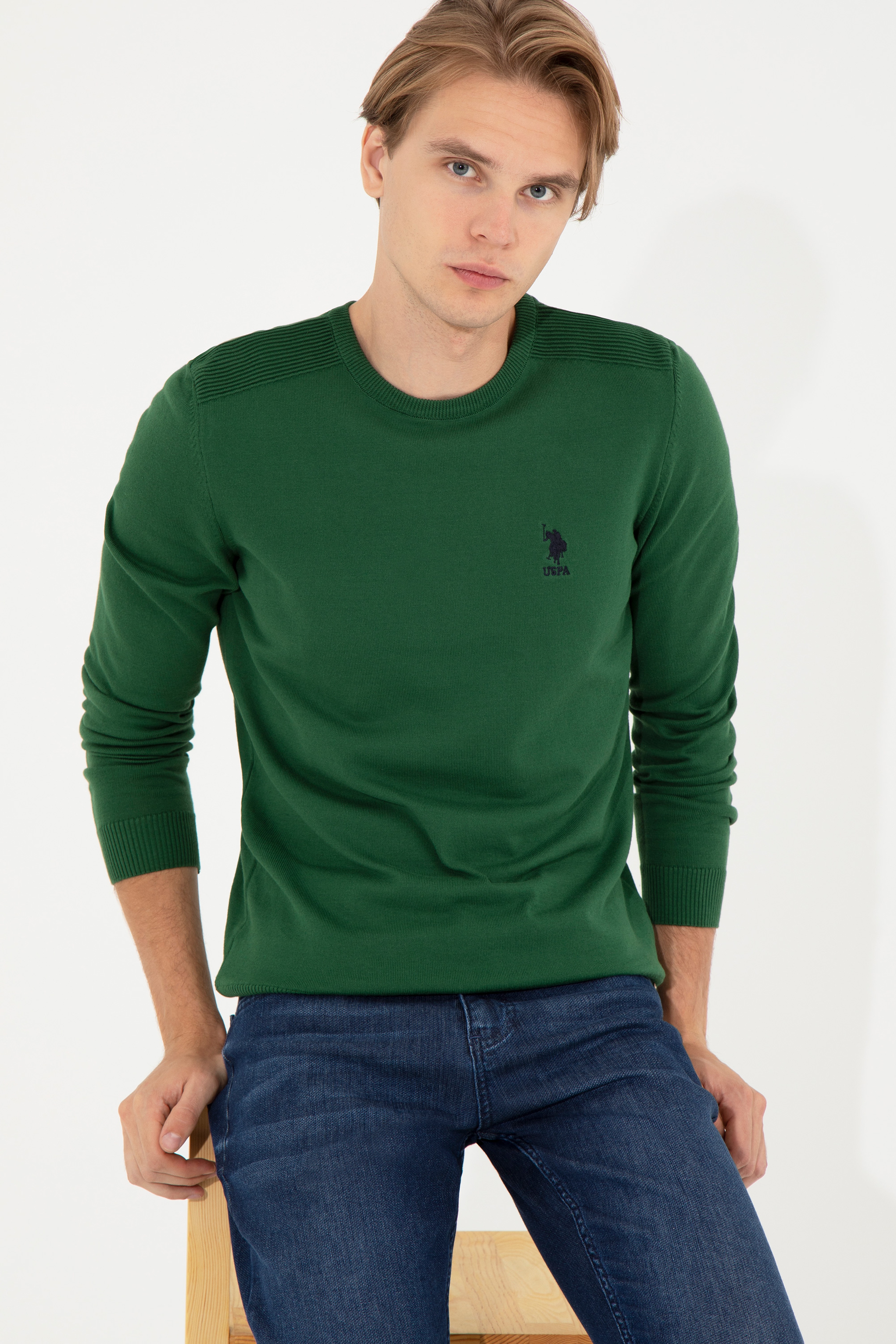 Erkek Yeşil Basic Kazak - Image 2