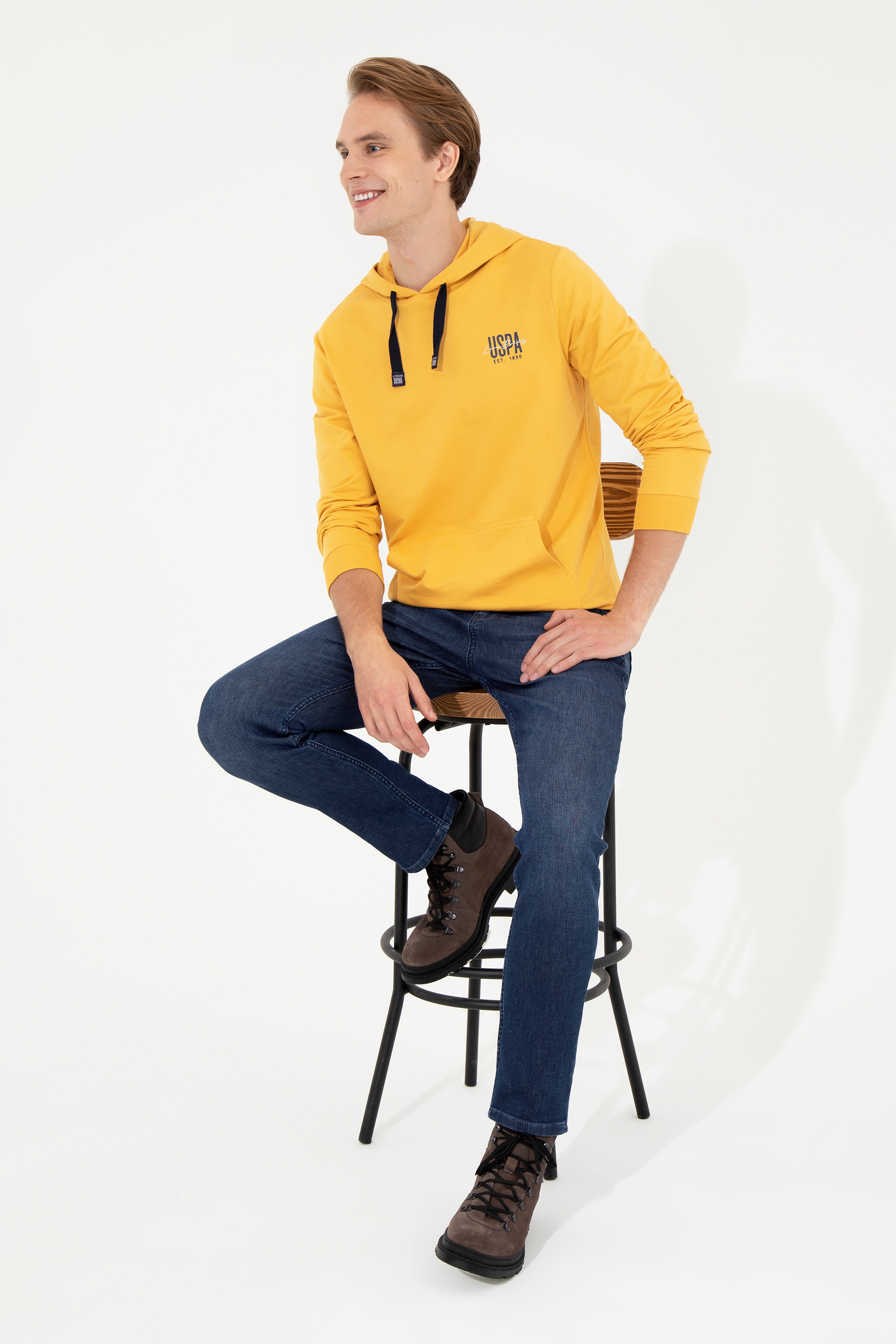 Erkek Safran Kapüşonlu Basic Sweatshirt
