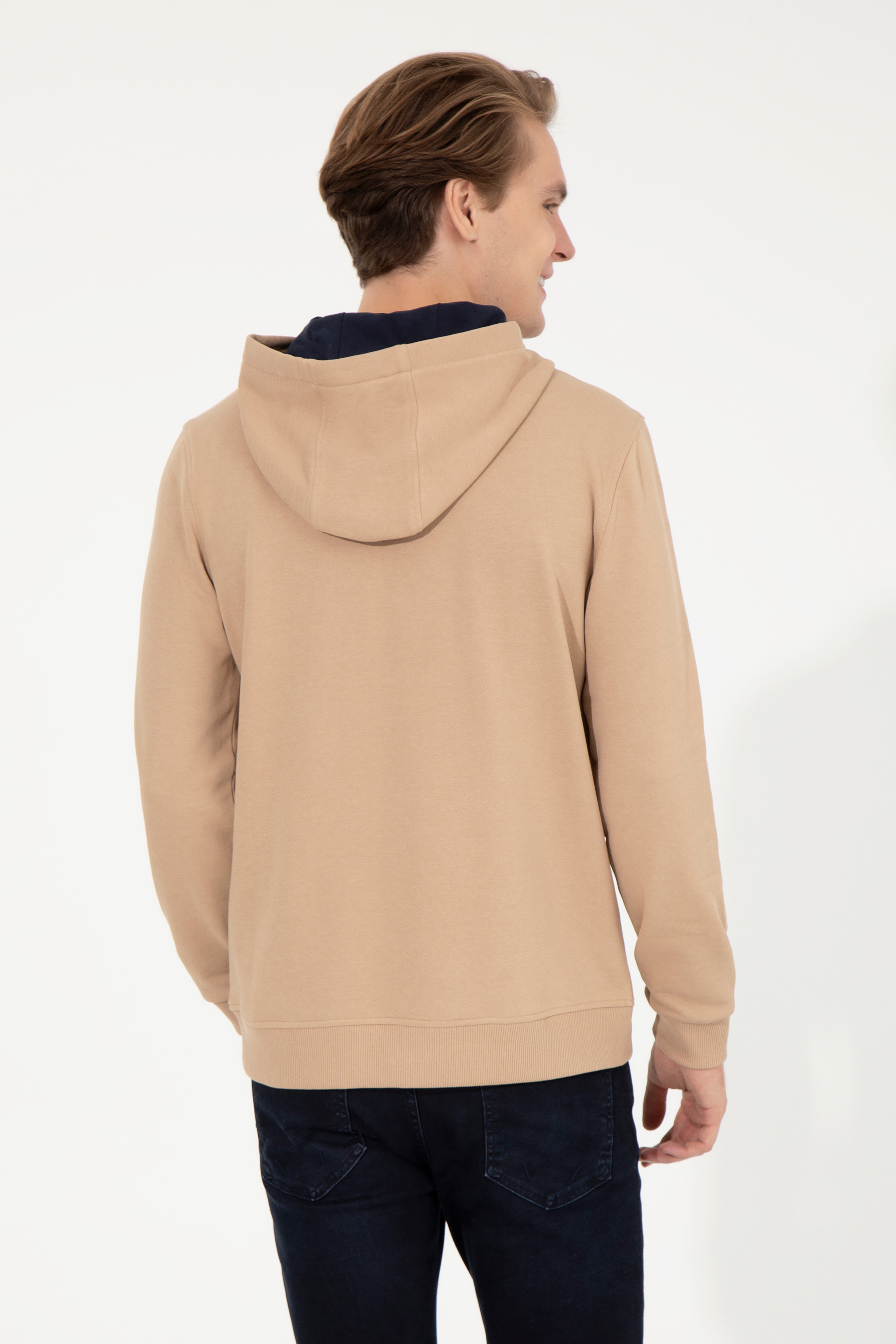 Erkek Camel Kapüşonlu Basic Sweatshirt - Image 5