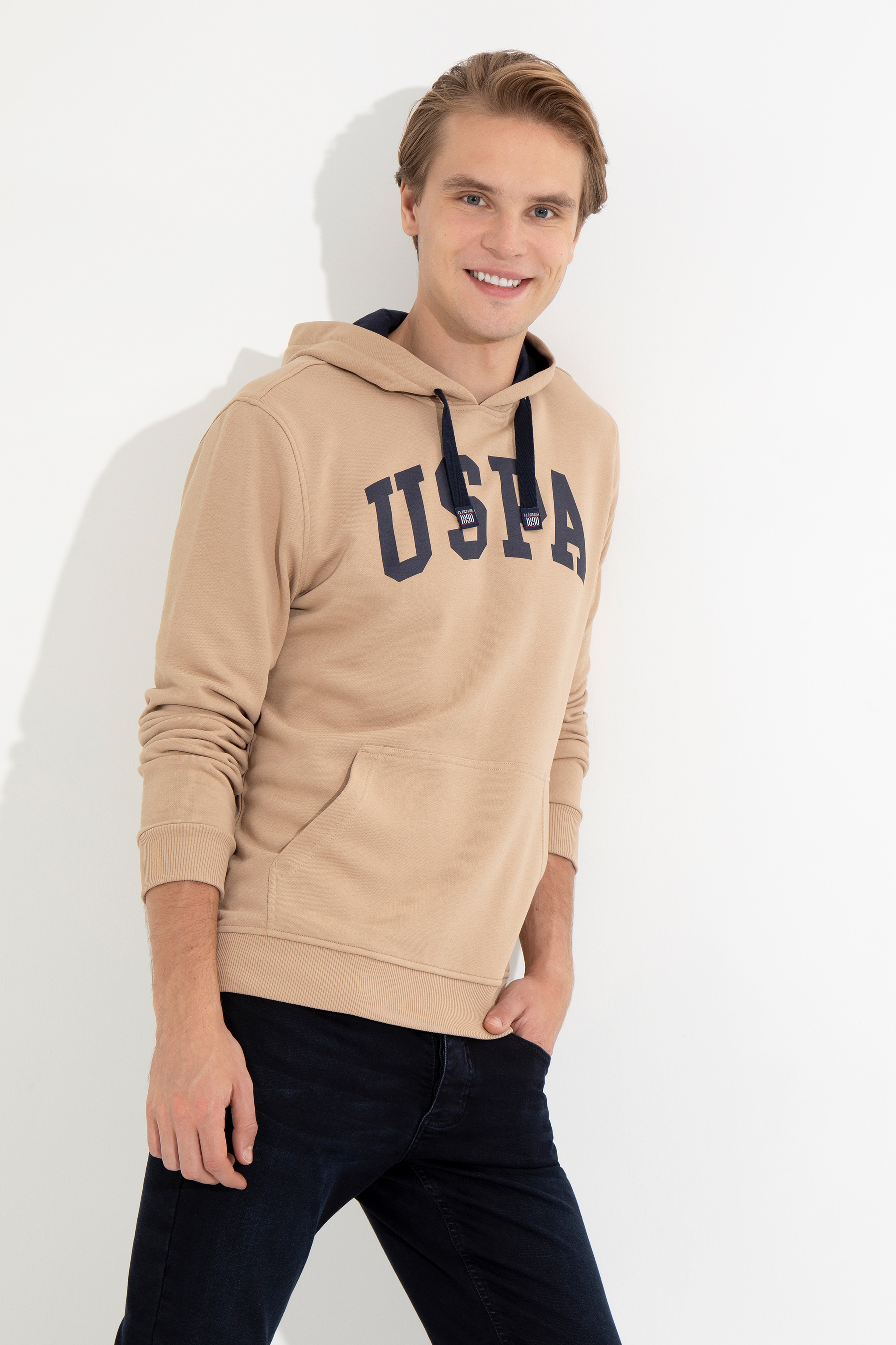 Erkek Camel Kapüşonlu Basic Sweatshirt - Image 2