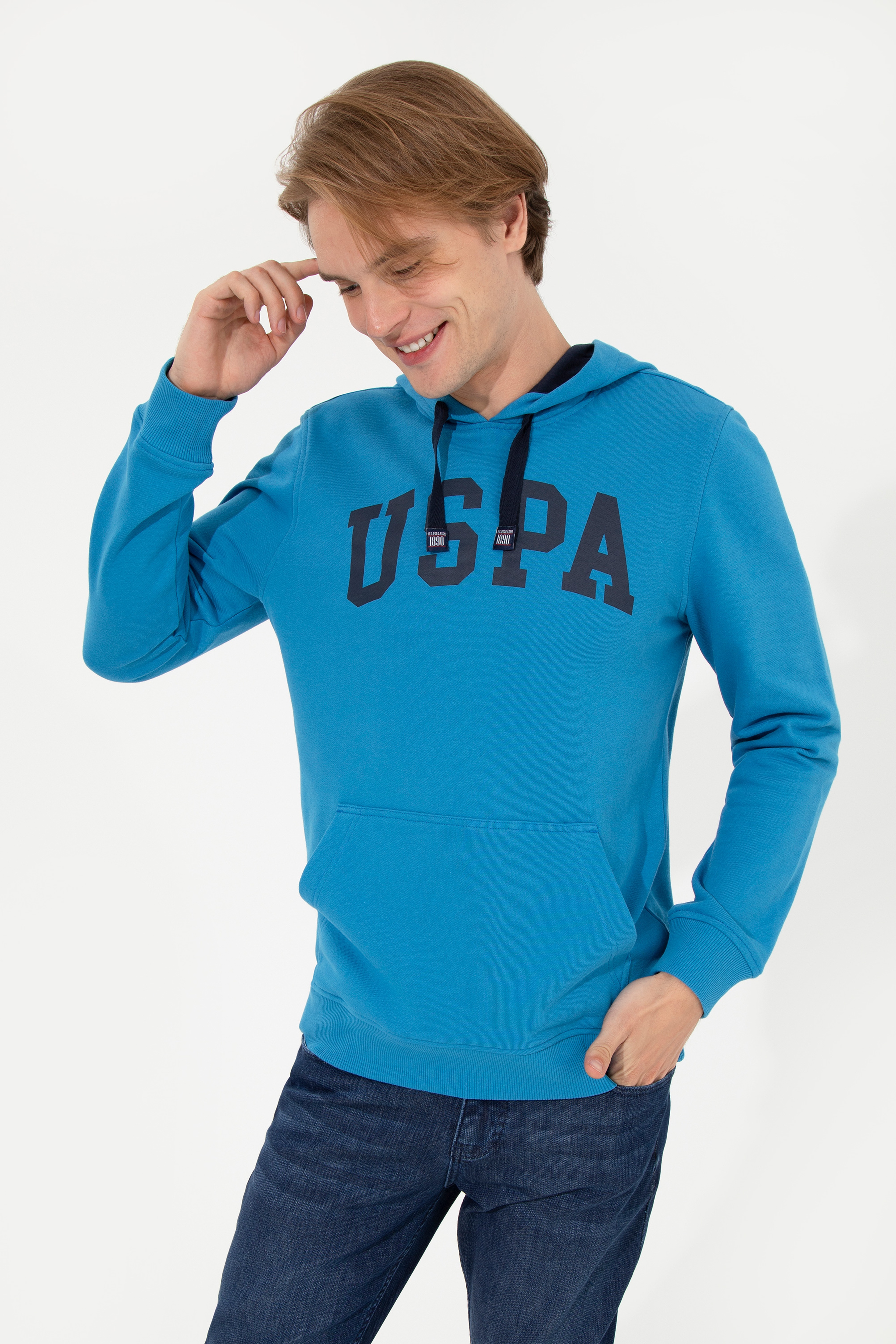Erkek Kobalt Kapüşonlu Basic Sweatshirt - Image 3