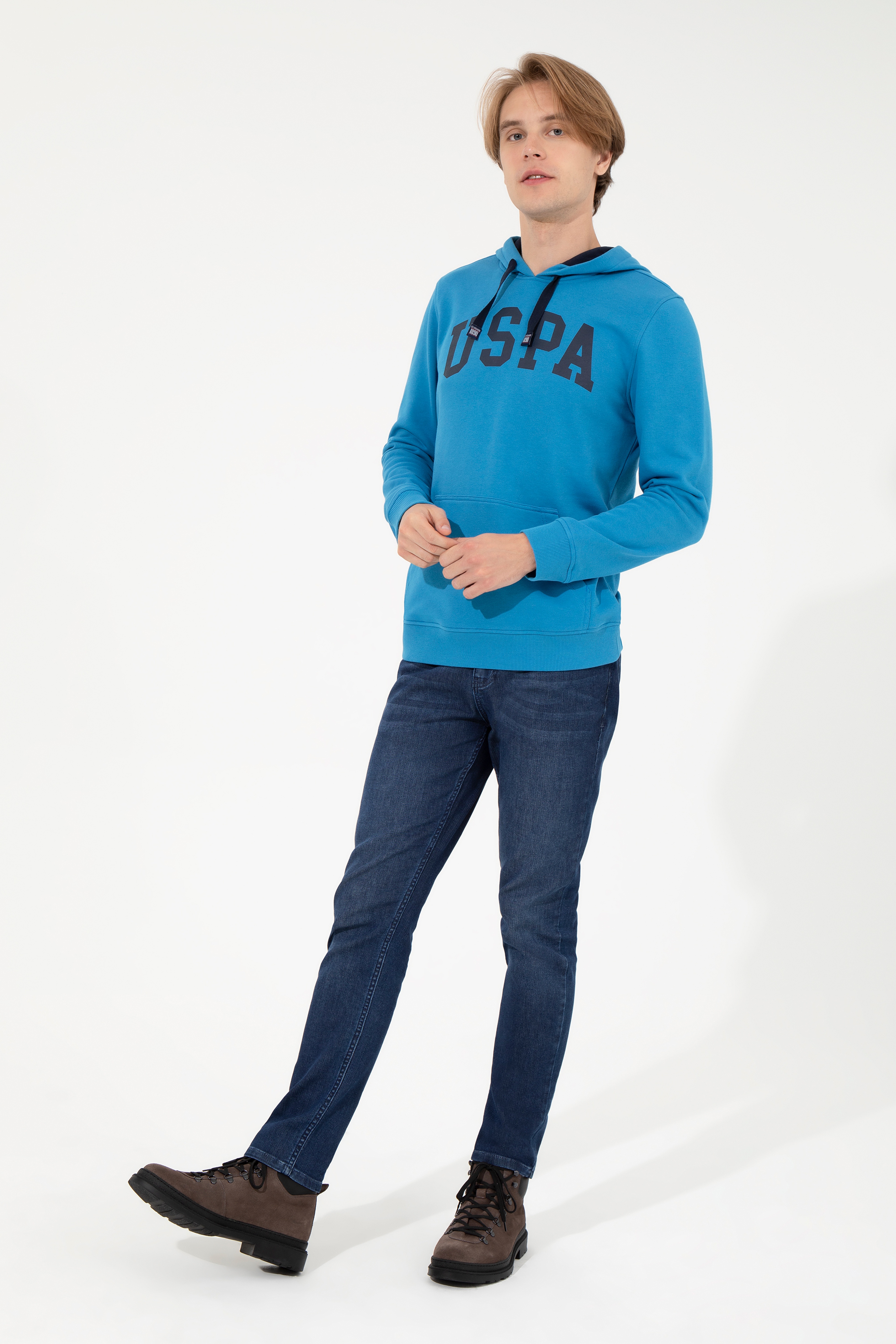 Erkek Kobalt Kapüşonlu Basic Sweatshirt