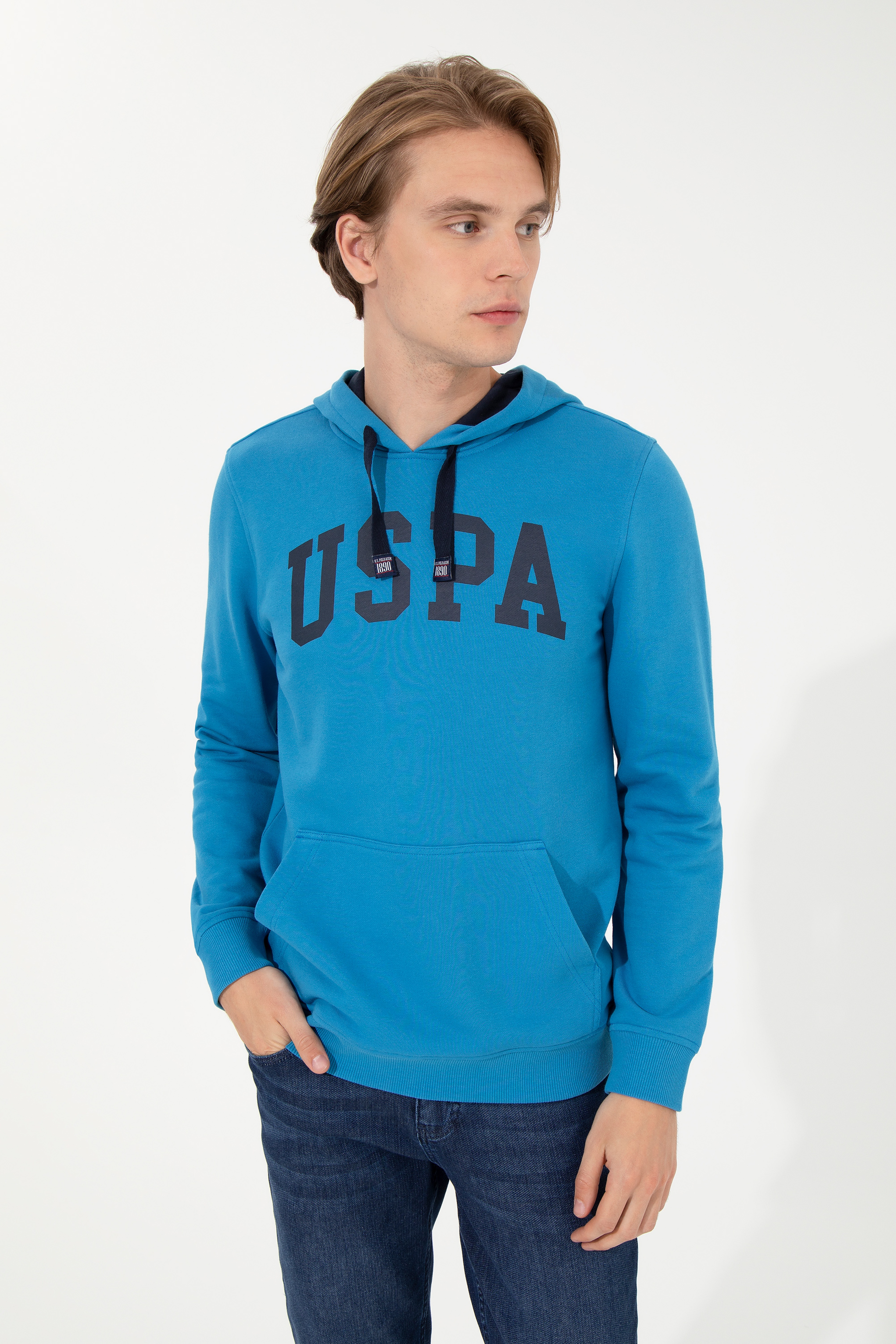 Erkek Kobalt Kapüşonlu Basic Sweatshirt - Image 1