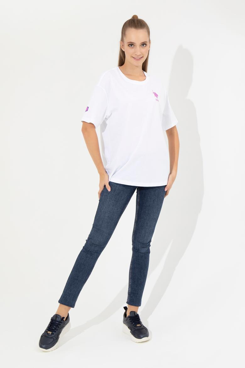 Kadın Beyaz Bisiklet Yaka Tişört - 50246219014