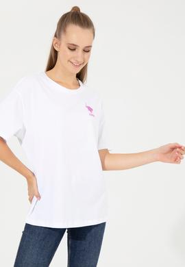 Kadın Beyaz Bisiklet Yaka Tişört - 50246219014