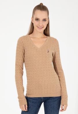 Kadın Camel Melanj Basic V Yaka Kazak - 50255662062