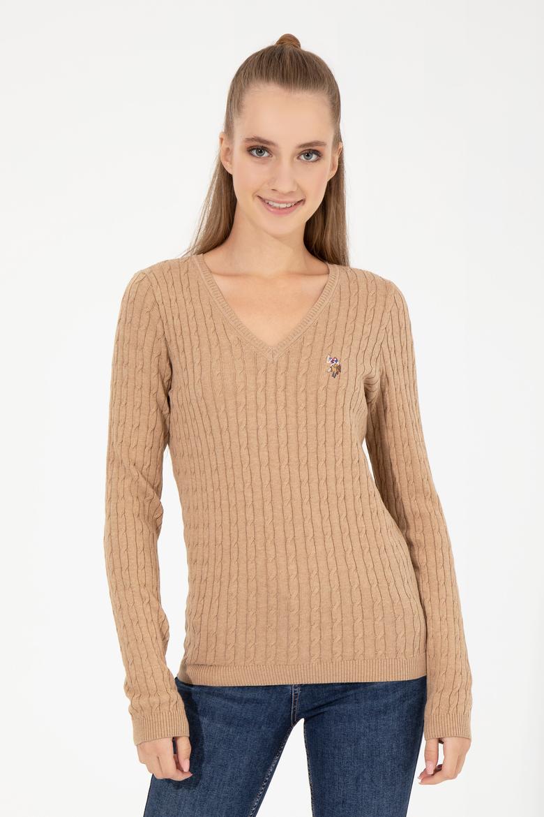 Kadın Camel Melanj Basic V Yaka Kazak - 50255662062