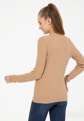 Kadın Camel Melanj Basic V Yaka Kazak - 50255662062