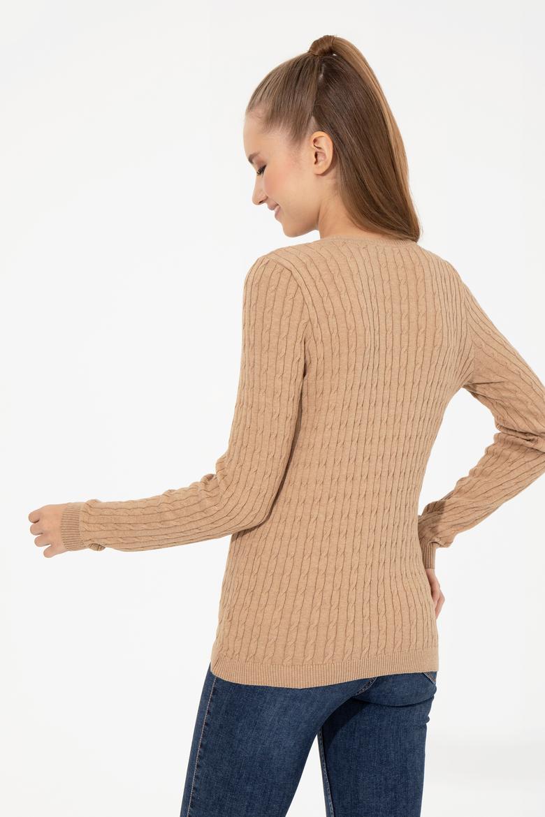 Kadın Camel Melanj Basic V Yaka Kazak - 50255662062