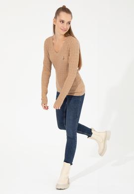 Kadın Camel Melanj Basic V Yaka Kazak - 50255662062