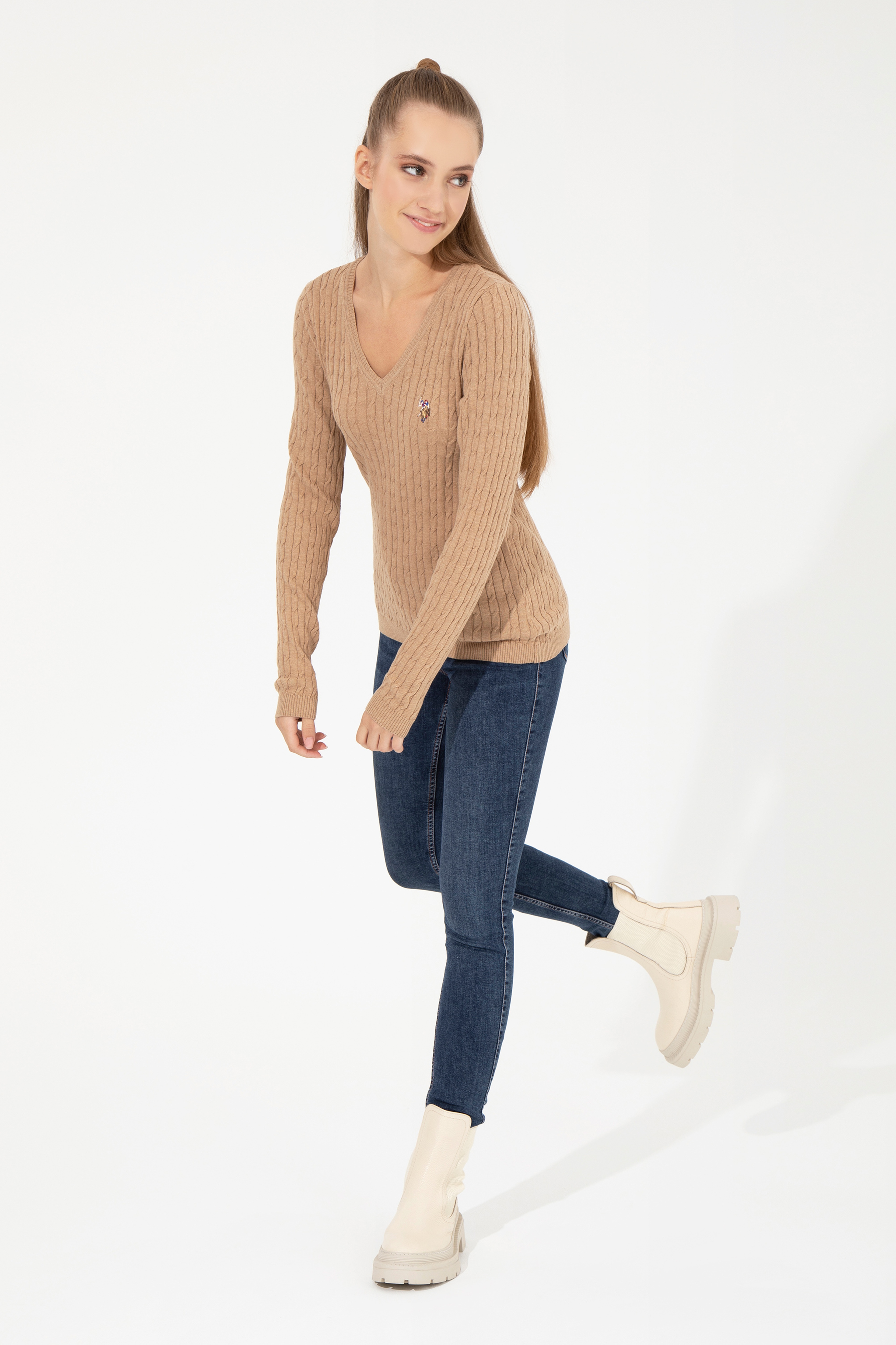 Kadın Camel Melanj Basic V Yaka Kazak - Image 3