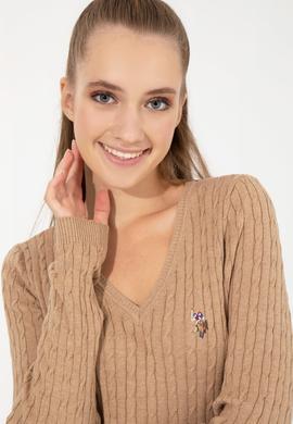 Kadın Camel Melanj Basic V Yaka Kazak - 50255662062