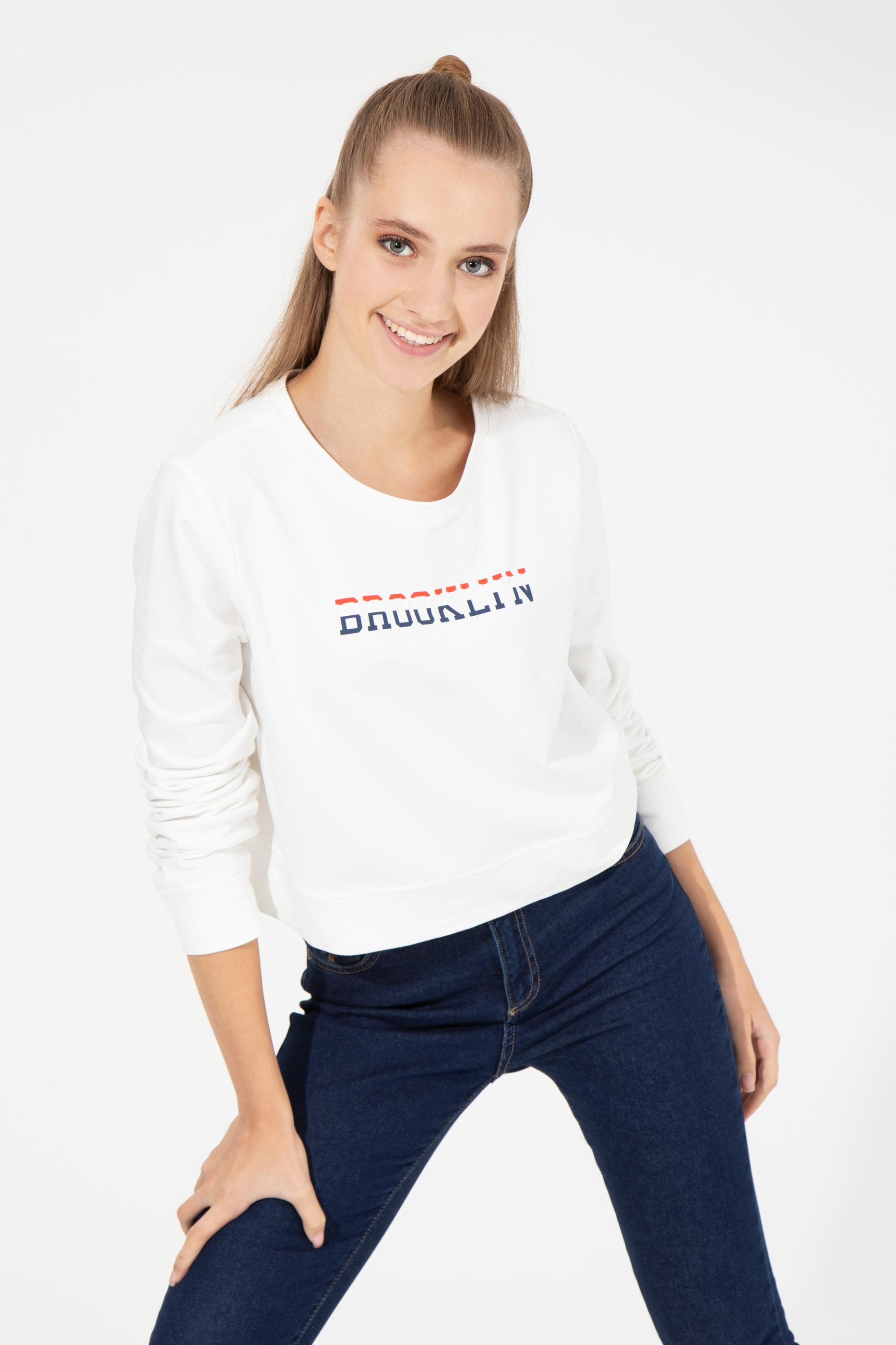 Kadın Ekru Bisiklet Yaka Sweatshirt