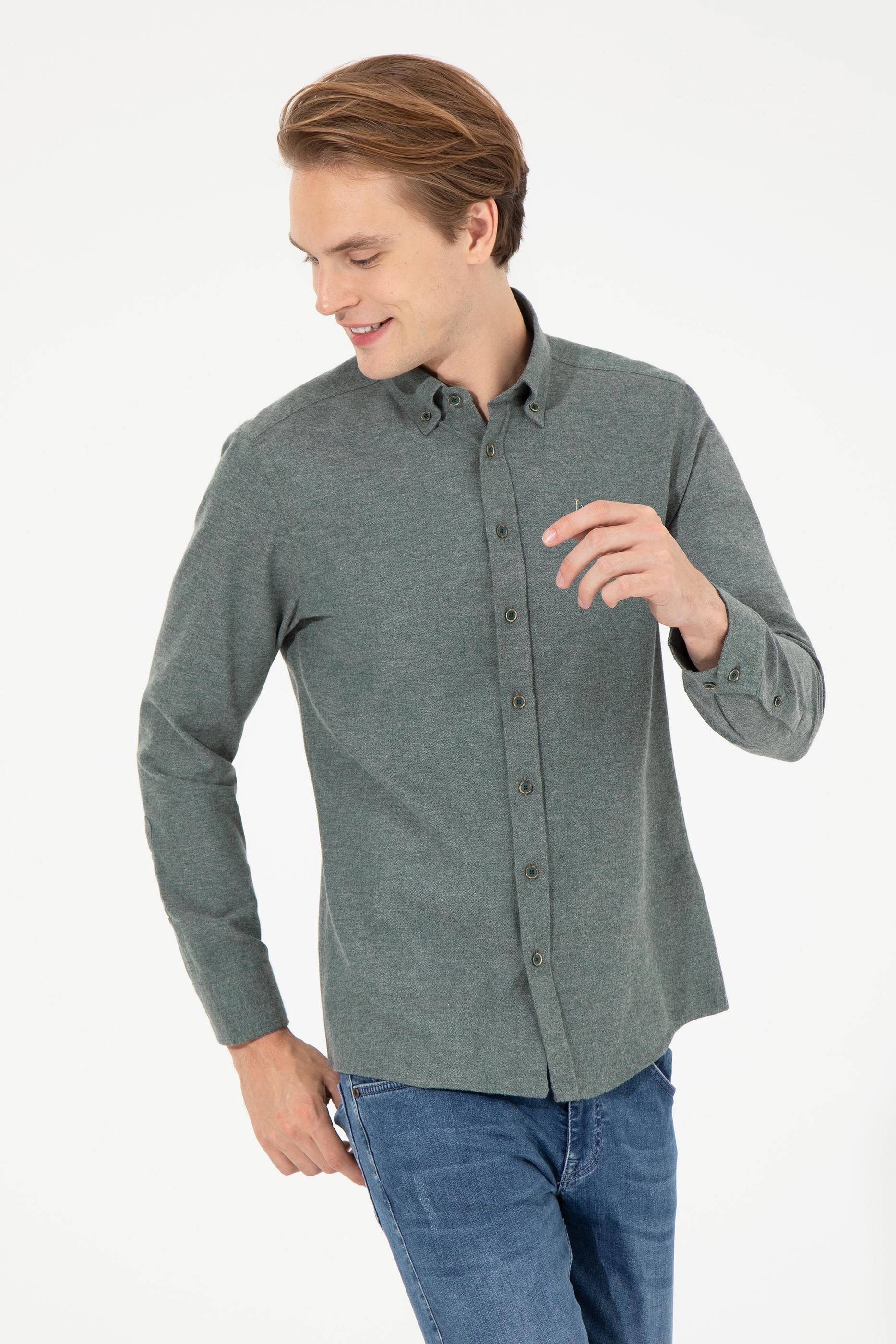 Erkek Koyu Yeşil Uzun Kollu Basic Gömlek