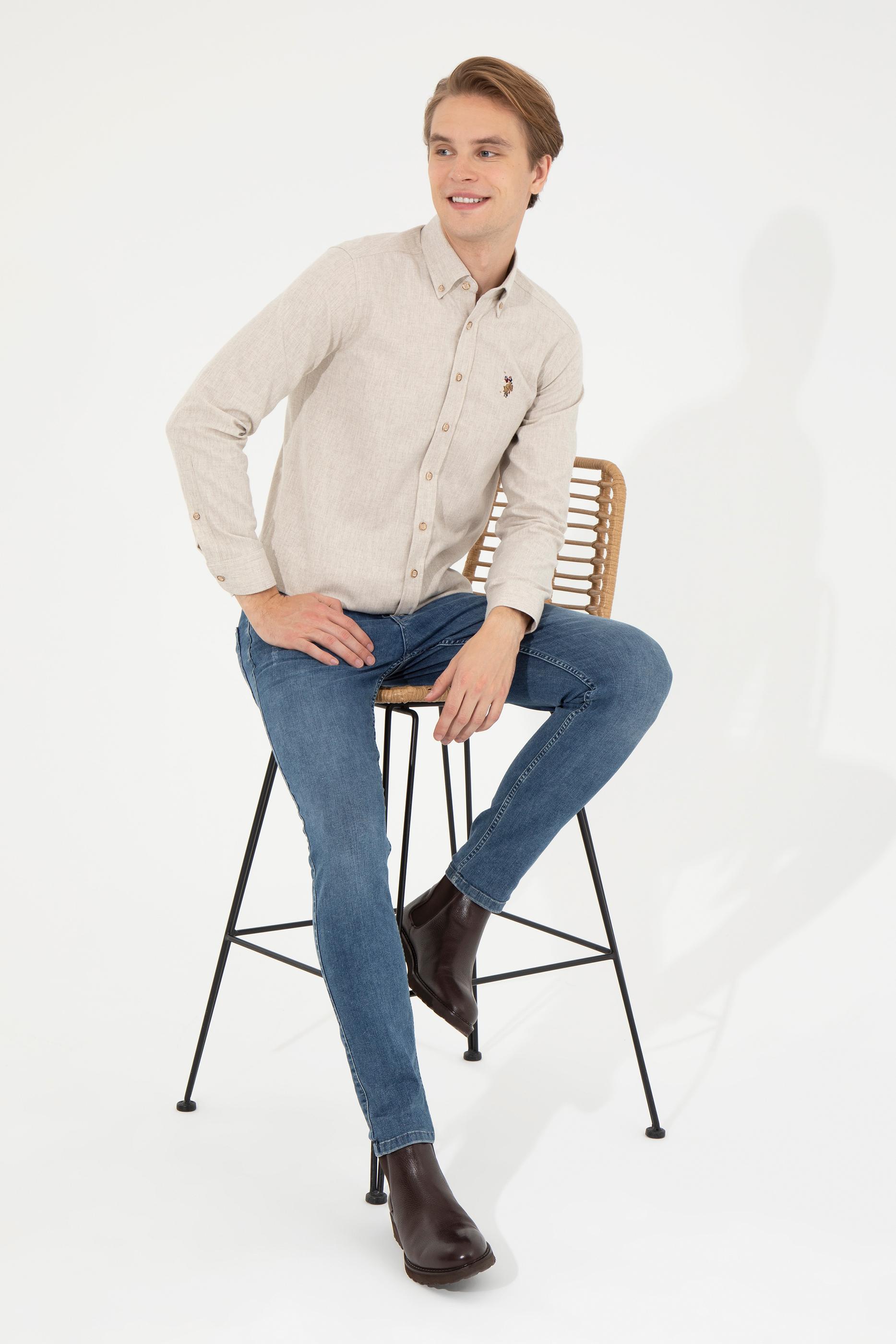 Erkek Bej Uzun Kollu Basic Gömlek