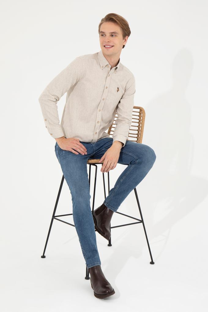 Erkek Bej Uzun Kollu Basic Gömlek